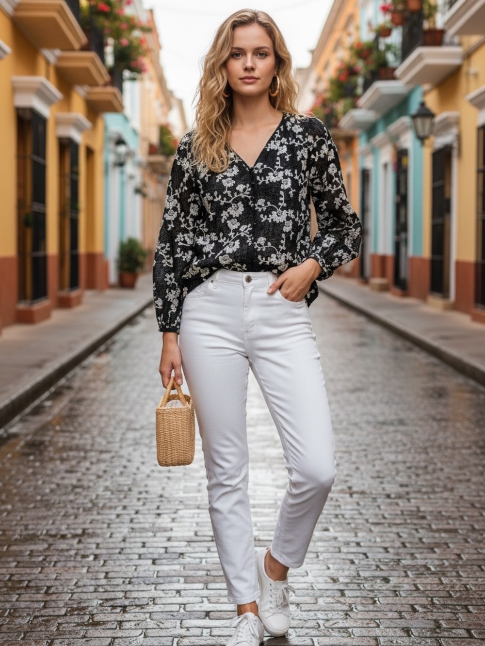 SHEIN Black Floral V-Neck Blouse